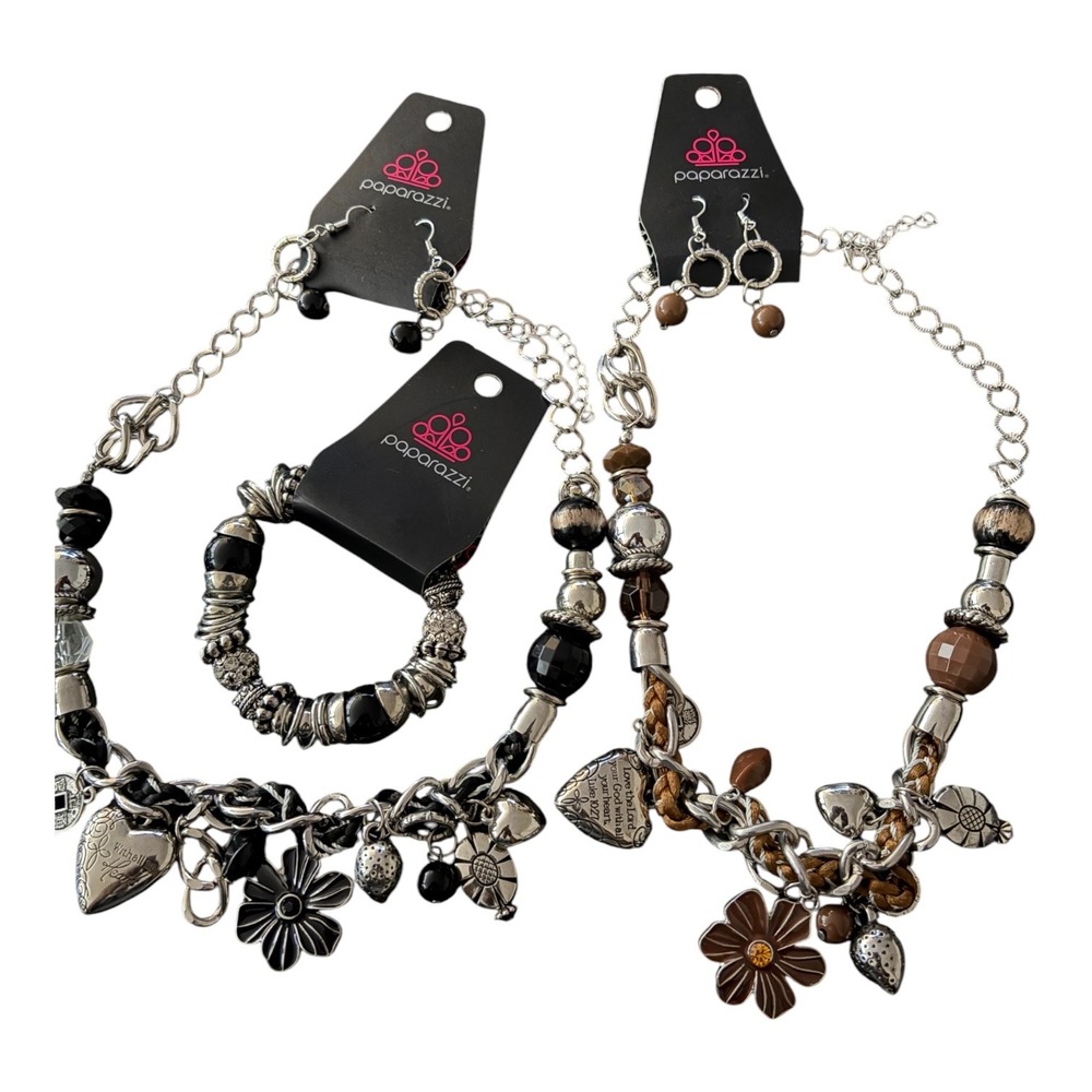 Paparazzi Jewelry Set 2 Necklaces 2 Earrings 1 Bracelet Black Brown Silver Boho